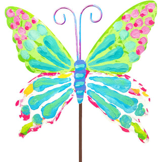 Colorful butterfly-shaped garden stake on a white background