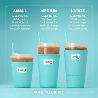 Three turquoise Swig cups with different sizes labeled on a teal background