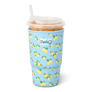 Tumbler with lemon pattern and 'swig' branding on a white background