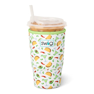 Tumbler with colorful pattern and 'swig' branding on a white background