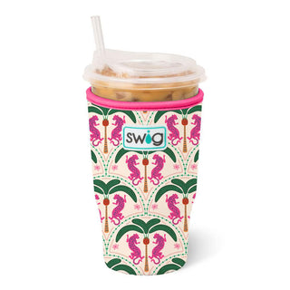 Cup coozie with pink tigers and palm trees on an ivory background