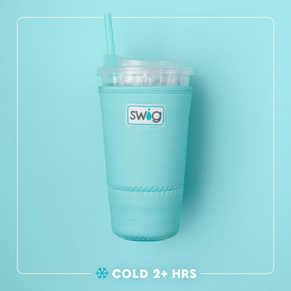 Turquoise swig tumbler with straw on a light blue background