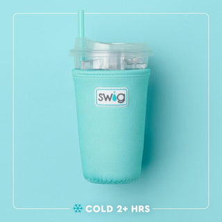 Turquoise tumbler with a lid and straw on a light blue background, featuring the Swig brand.