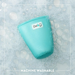 Teal SWIG cup with bubbles on a light blue background