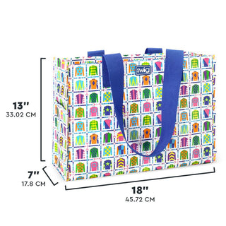 Colorful tote bag with measurements on a white background