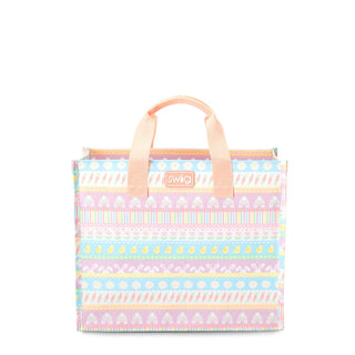 A pastel patterned tote bag with peach handles and a small SWO logo patch on the front, set against a plain white background.