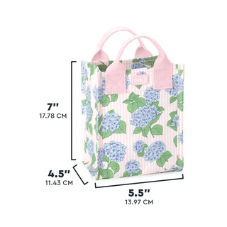 Floral tote bag with dimensions on a white background