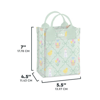 Reusable shopping bag with Easter design and dimensions on a white background
