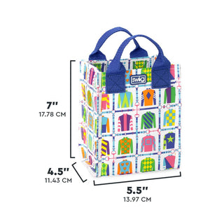 Colorful bag with pattern and dimensions labeled on a white background