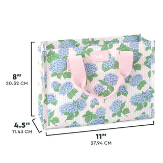 Floral-patterned bag with dimensions labeled on a white background