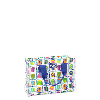 Colorful bag with a pattern of colorful shapes on a white background