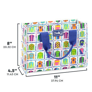 Colorful bag with 'Swig' logo and measurements on a white background