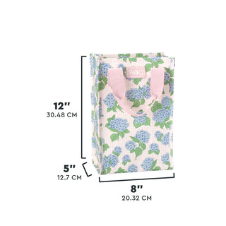 Floral-patterned product packaging with dimensions displayed