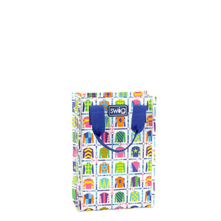 Colorful patterned bag with blue handles on a white background