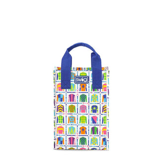 Colorful patterned bag with blue handle on a white background