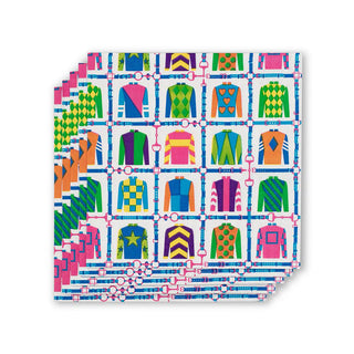 Colorful patterned paper with horse racing-themed designs on a white background