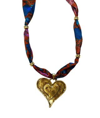 Scarf Necklace Brown/Blue Large Heart