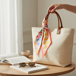 Beige tote bag with a colorful scarf, sunglasses, and book on a wooden table.