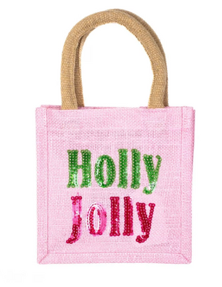 Holly Jolly Sequin Gift Tote Pink 7x7x5
