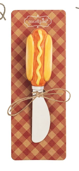 Hot dog-shaped knife and fork set on a checkered card with 'mud pie' branding.