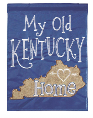 Decorative flag with 'My Old Kentucky Home' text and a map of Kentucky on a blue background.