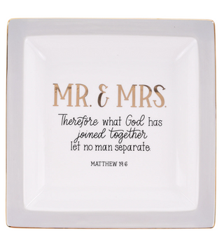 Decorative plate with 'Mr. & Mrs.' text and Bible verse on a white background
