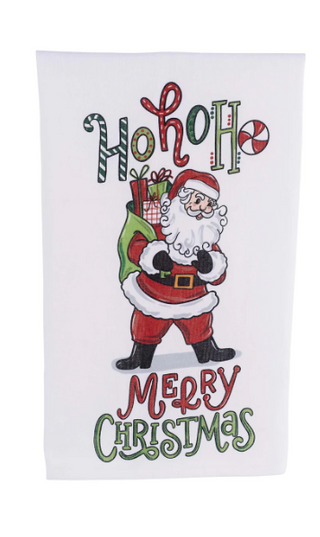santa tea towel that says ho ho ho merry christmas