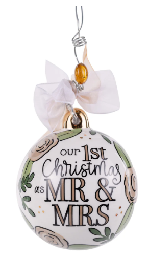 Decorative ornament for 'our 1st Christmas as Mr & Mrs' with floral design and white bow.