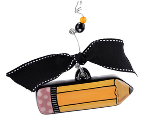 Decorative pencil ornament with a black bow on a white background
