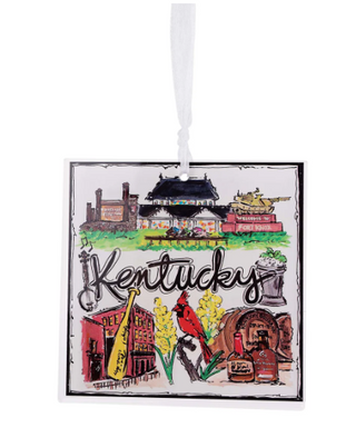 Decorative ornament with colorful illustrations of Kentucky landmarks and text on a white background