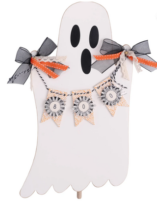 Halloween-themed ghost decoration with ribbons and banner on a white background