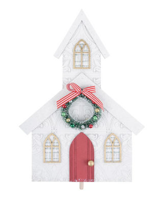 Decorative house-shaped wall hanging with a wreath and red bow on a white background