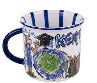 Mug with artistic design featuring a person in a graduation cap, 'Kentucky' text, and other elements on a white background.