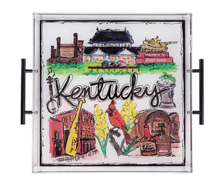 Decorative tray with illustrations of Kentucky landmarks and symbols on a white background.