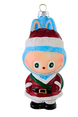 Christmas ornament of a cartoon character in a blue hat and red outfit on a white background
