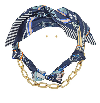 Navy Oval Chain & Scarf Necklace