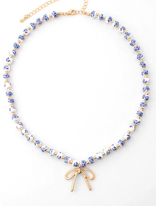 Blue Ceramic Ball & Ribbon Choker Necklace