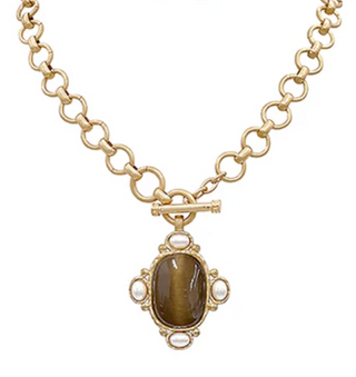 Brown Oval Stone & Pearl Necklace