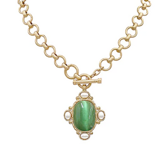 Sage Oval Stone & Pearl Necklace