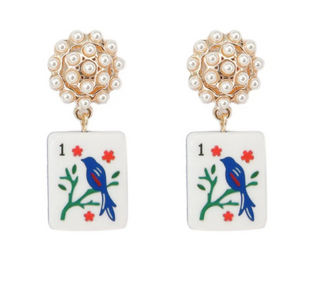 Blue Bird Mahjong Tile & Pearl Earrings