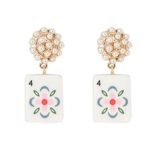 Pink Flower Mahjong Tile & Pearl Earrings
