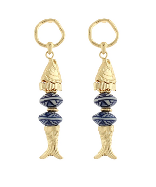 Blue Fish Beaded Ceramic Earrings