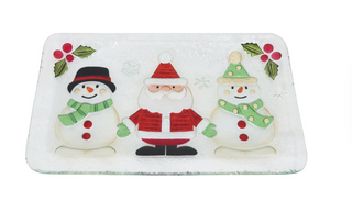 Glass Jolly Santa Snowmen Platter