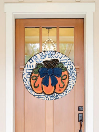 Blue Bow Pumpkin Circle Door Hanger