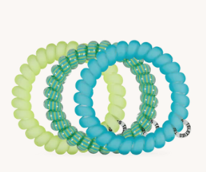 Set of three green and blue beaded bracelets on a white background