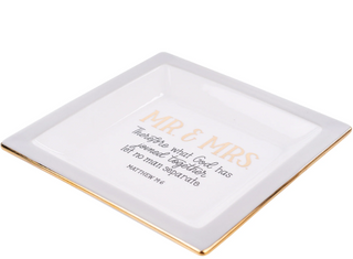 Decorative tray with 'Mr & Mrs' text on a white background