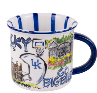 Decorative mug with various graphics and text on a white background