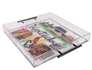 Colorful travel-themed tray with illustrations and text on a white background