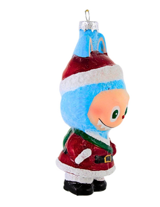 Colorful Christmas ornament of a character with a blue hat and red outfit on a white background