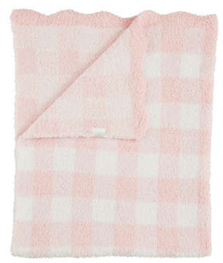 A soft, plush throw blanket featuring a light pink and white gingham check pattern, folded neatly with a scalloped edge visible at the top.